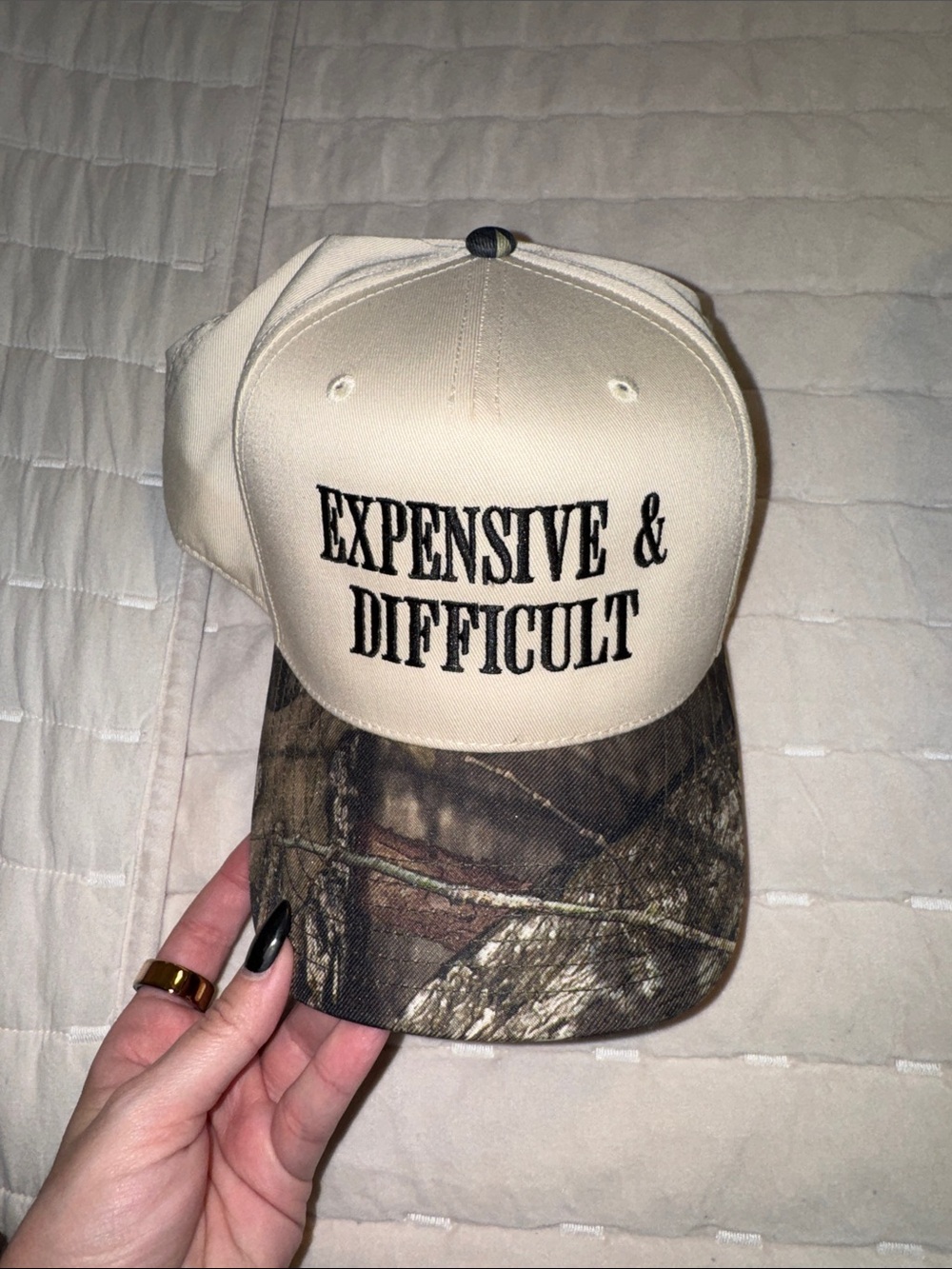 Beige & Camouflage 'Expensive & Difficult' Women's Baseball Cap
